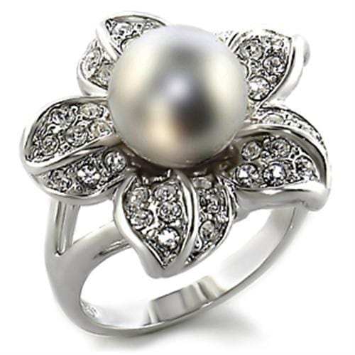 0C108 - Rhodium Brass Ring with Synthetic Pearl in Gray - Alamode - Flyclothing LLC