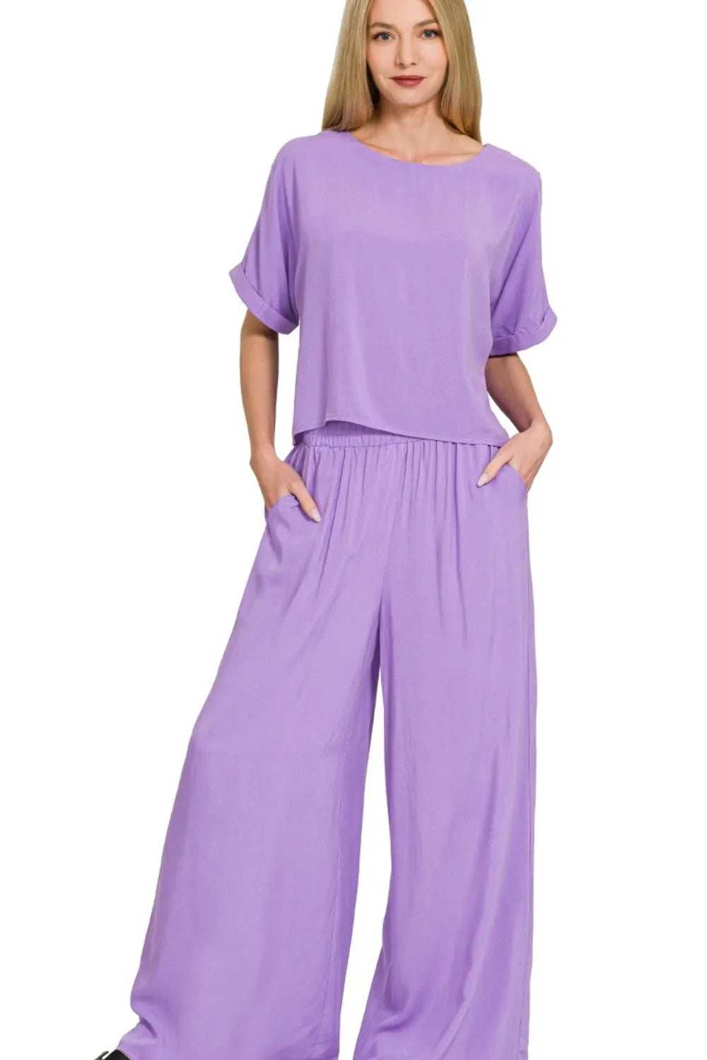 Zenana Round Neck T-Shirt and Wide Leg Pants Set - Trendsi - Flyclothing LLC