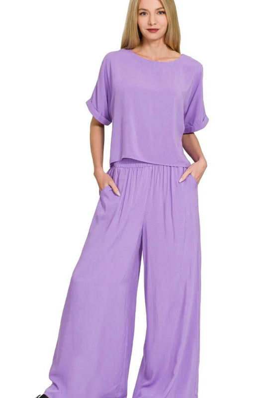Zenana Round Neck T-Shirt and Wide Leg Pants Set - Trendsi - Flyclothing LLC