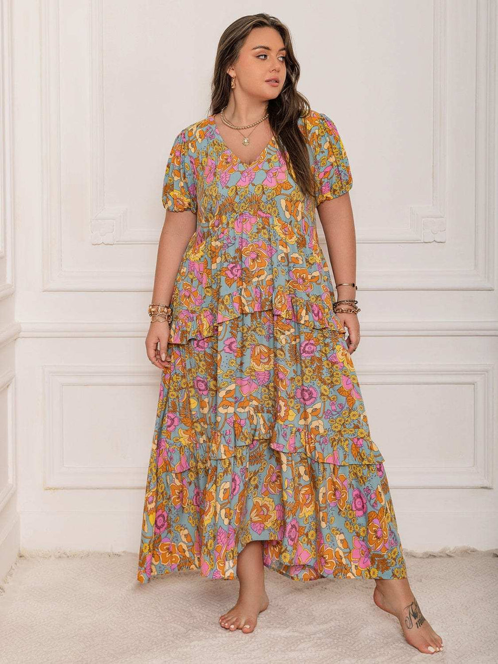 Plus Size Printed V-Neck Short Sleeve Maxi Dress - Trendsi - Flyclothing LLC