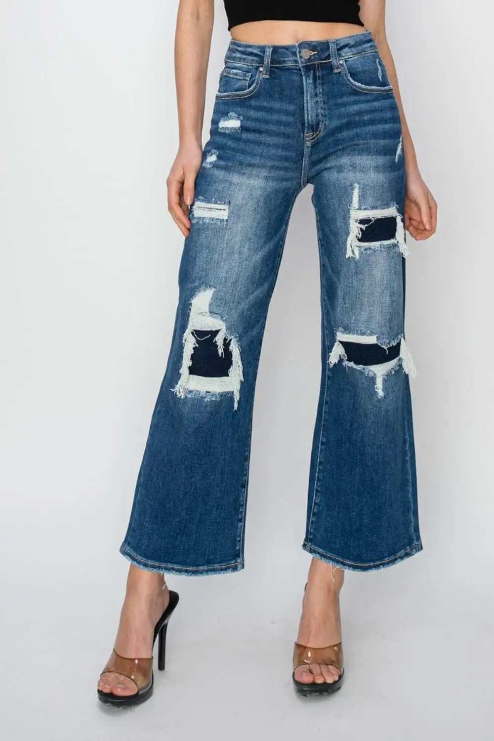 Risen Full Size High Rise Patch Detailed Wide Leg Crop Jeans - Trendsi - Flyclothing LLC