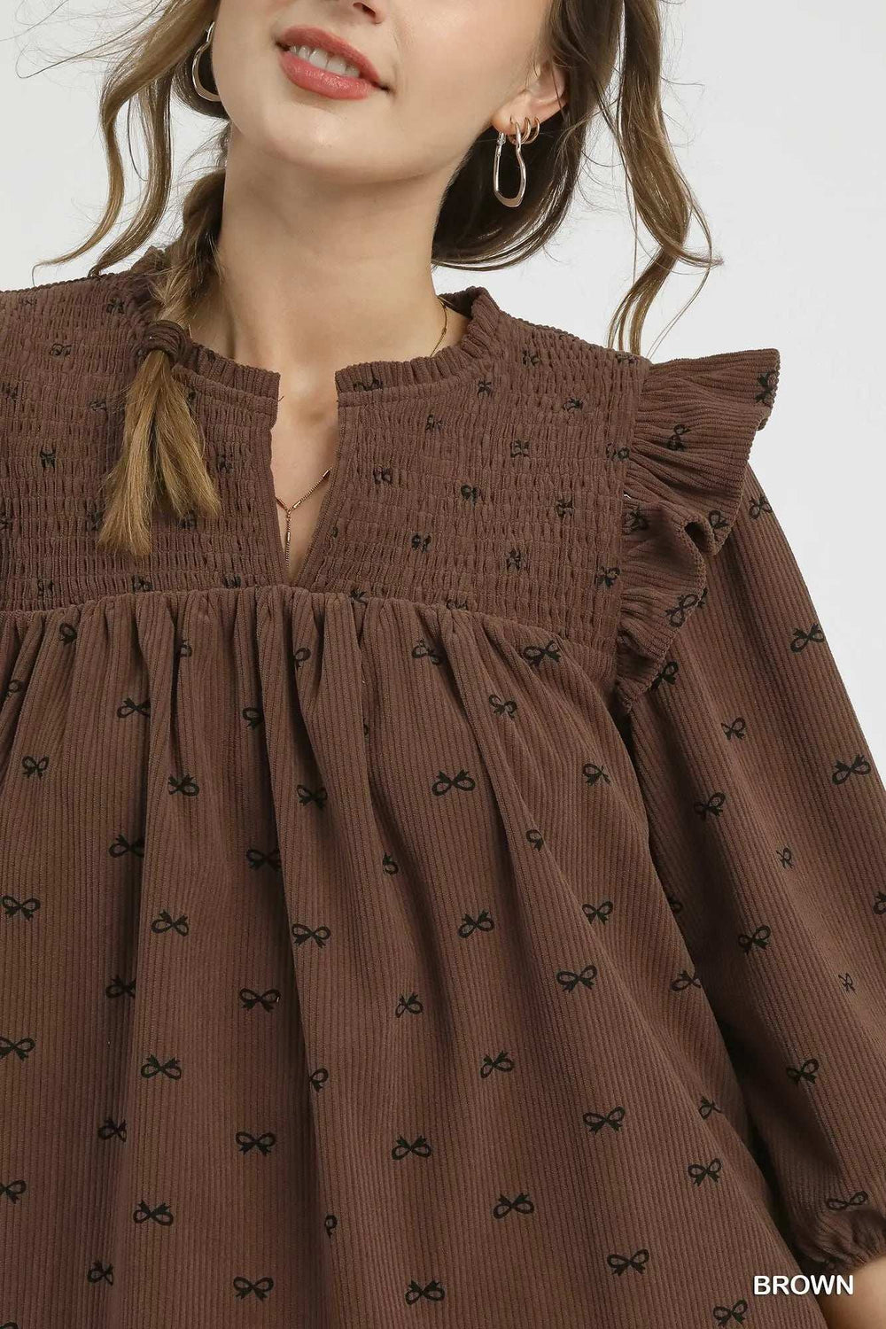 Umgee Bow Print Corduroy Puff Sleeve Blouse with Ruffled - Trendsi - Flyclothing LLC