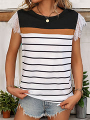Lace Detail Striped Round Neck Cap Sleeve T-Shirt