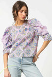 Umgee Printed Lace Puff Sleeve Blouse - Trendsi - Flyclothing LLC