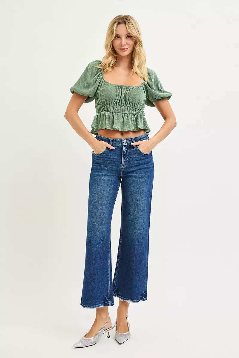 RISEN Tummy Control 4 Way Stretch High Rise Crop Wide Leg Jeans - Trendsi - Flyclothing LLC