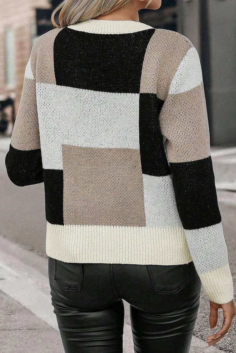 Color Block Round Neck Long Sleeve Sweater - Trendsi - Flyclothing LLC