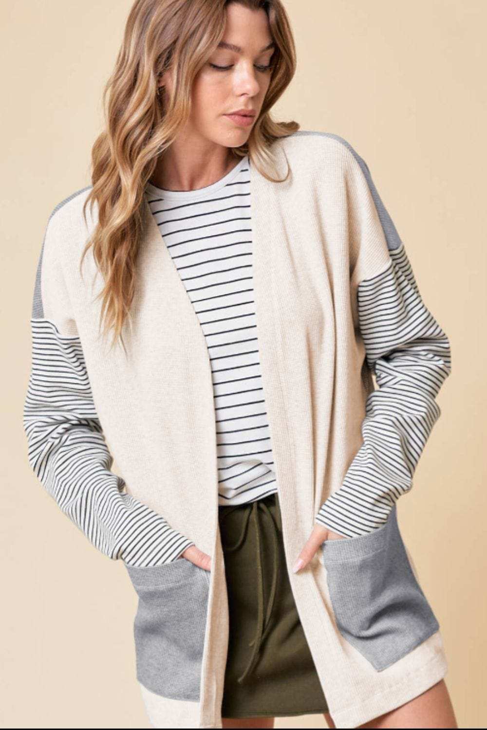 Open Front Long Sleeve Striped Cardigan with Pockets - Trendsi - Flyclothing LLC
