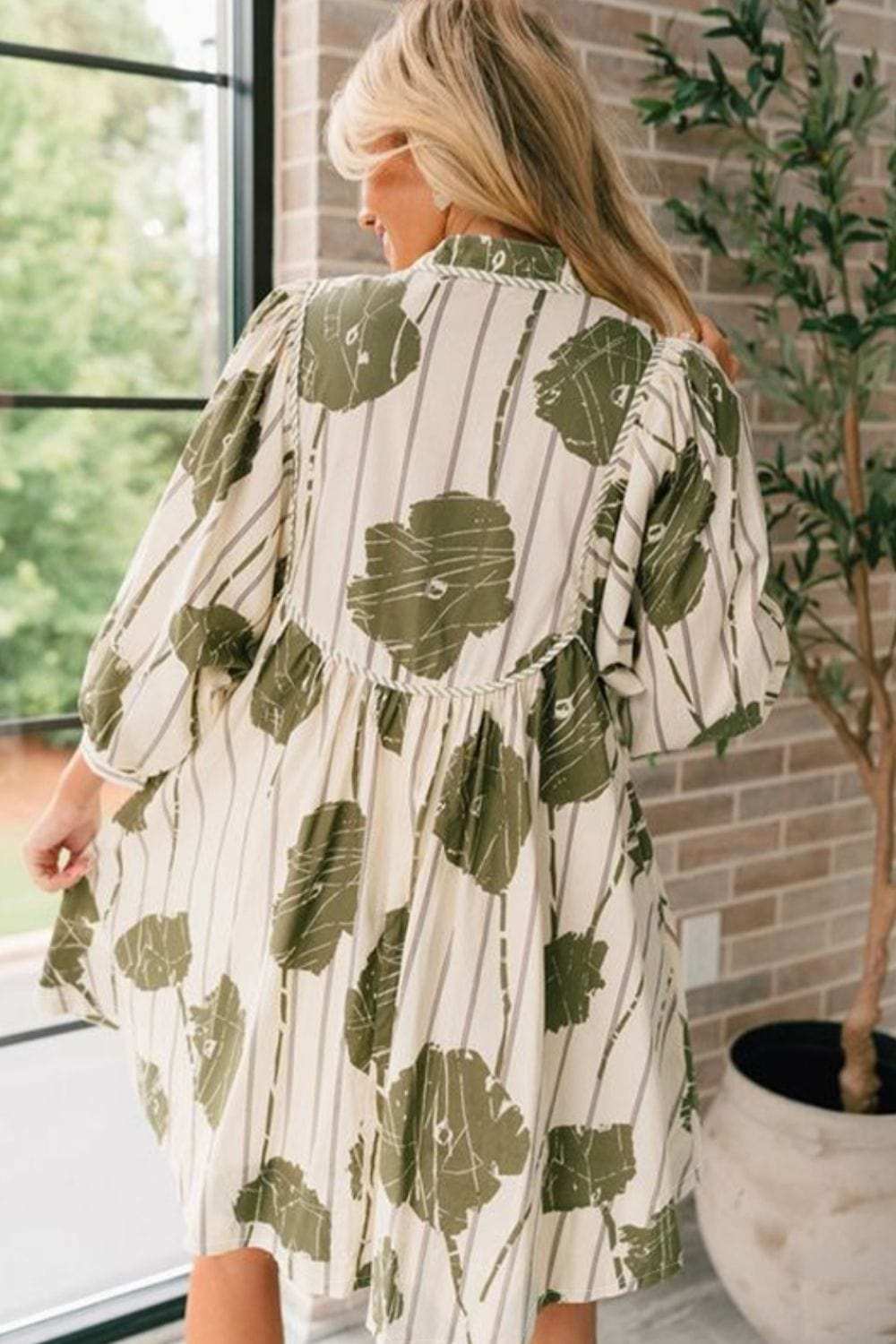 Printed Tie Neck Three-Quarter Sleeve Mini Dress - Trendsi - Flyclothing LLC