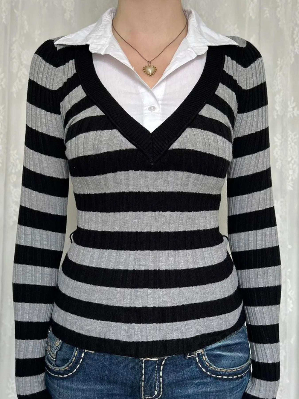 Contrast Collar Striped Long Sleeve Knit Top - Trendsi - Flyclothing LLC