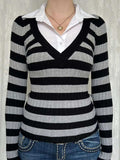 Contrast Collar Striped Long Sleeve Knit Top - Trendsi - Flyclothing LLC