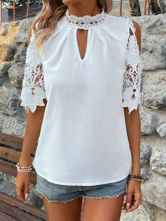 Lace Mock Neck Cold Shoulder Blouse - Trendsi - Flyclothing LLC