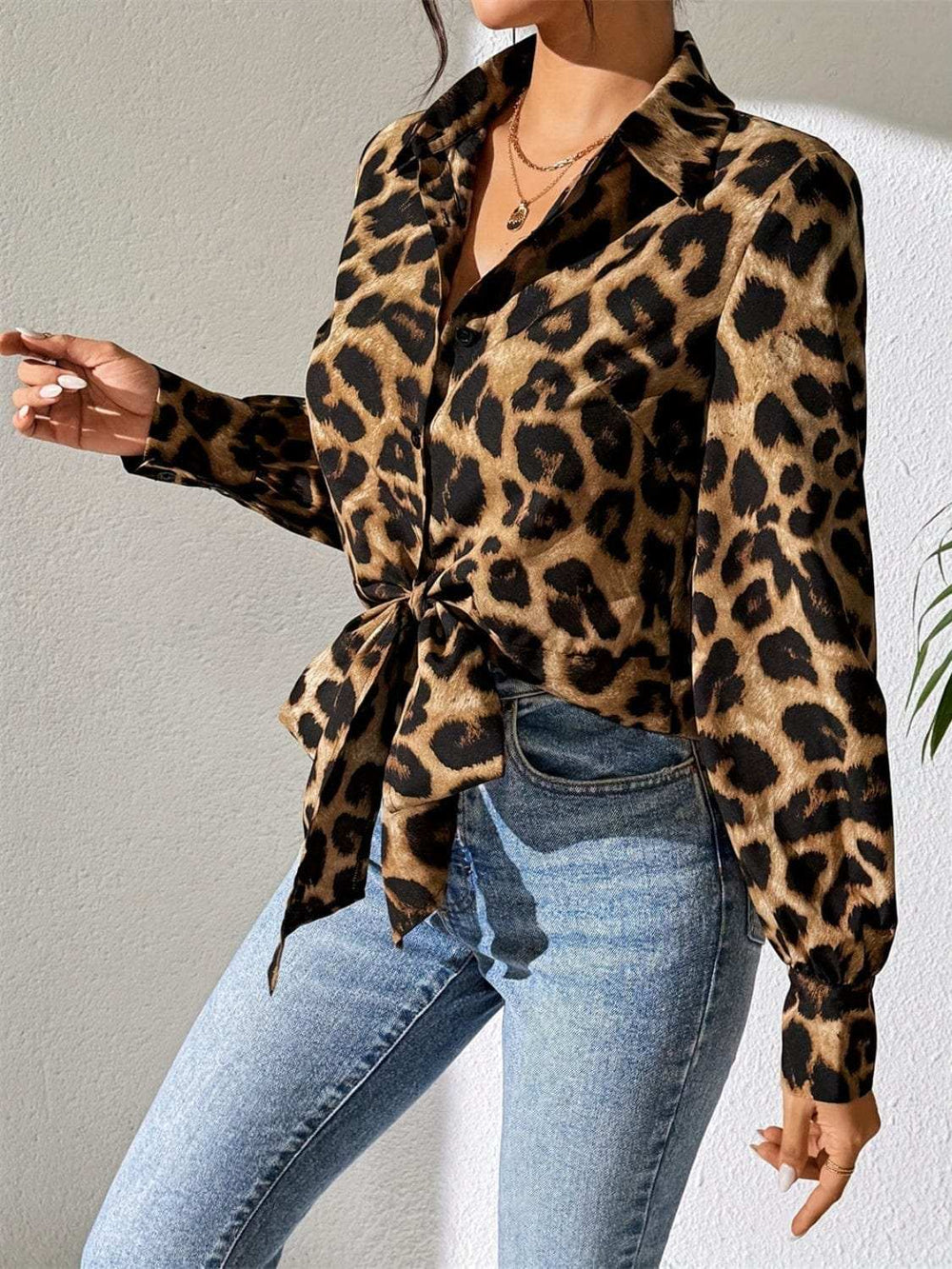 Leopard Collared Neck Long Sleeve Shirt - Trendsi - Flyclothing LLC