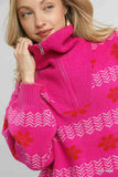 Umgee Floral Patterned Jacquard Quarter-Zip Pullover Sweater - Trendsi - Flyclothing LLC