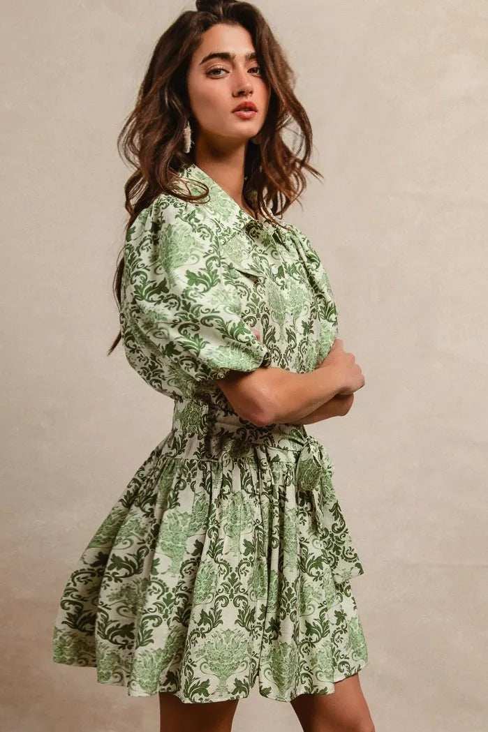 BiBi Tied Floral Short Sleeve Mini Shirt Dress - Trendsi - Flyclothing LLC