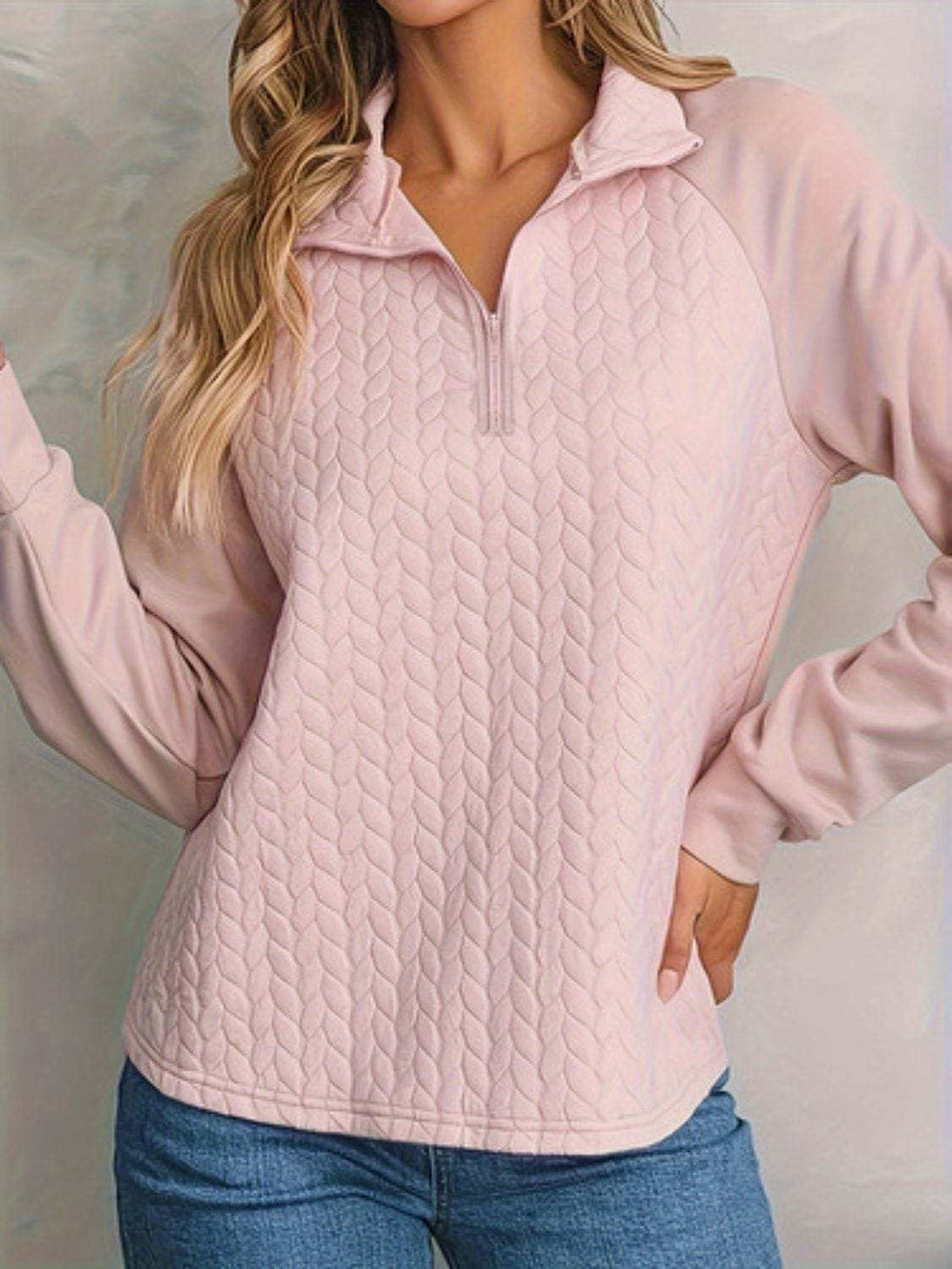 Texture Quarter Zip Long Sleeve Sweatshirt - Trendsi - Flyclothing LLC