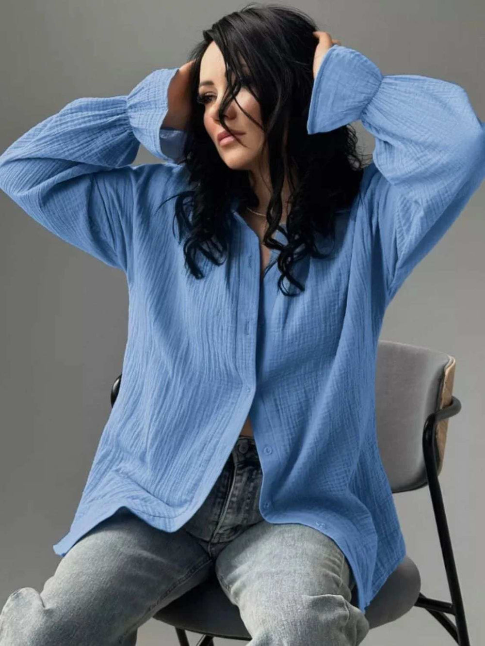 Textured Collared Neck Flounce Sleeve Shirt - Trendsi - Flyclothing LLC