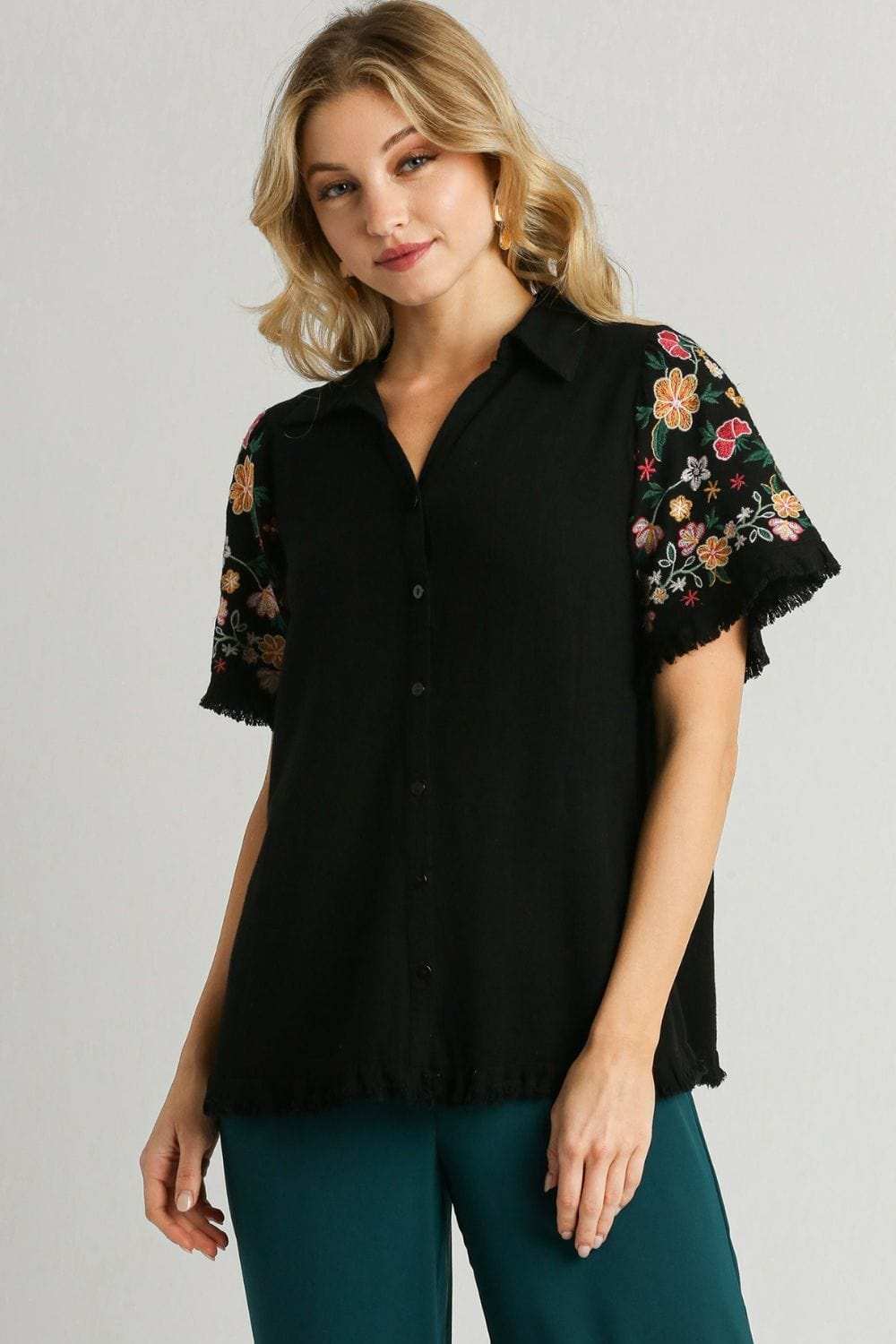 Umgee Full Size Linen Shirt with Embroidered Sleeves Plus Size - Trendsi - Flyclothing LLC