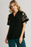 Umgee Full Size Linen Shirt with Embroidered Sleeves Plus Size - Trendsi - Flyclothing LLC