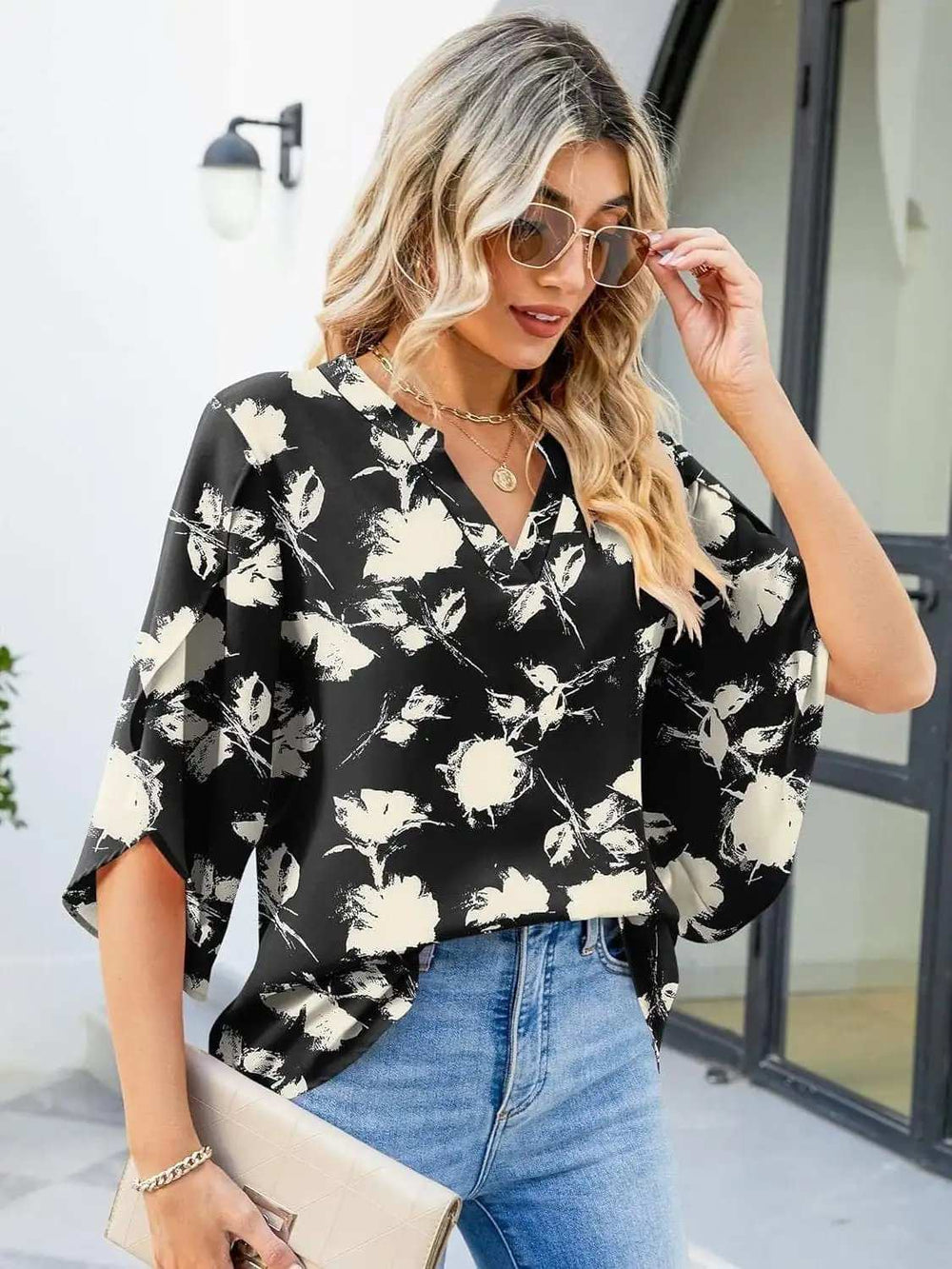 Printed Notched Half Sleeve Blouse - Trendsi - Flyclothing LLC