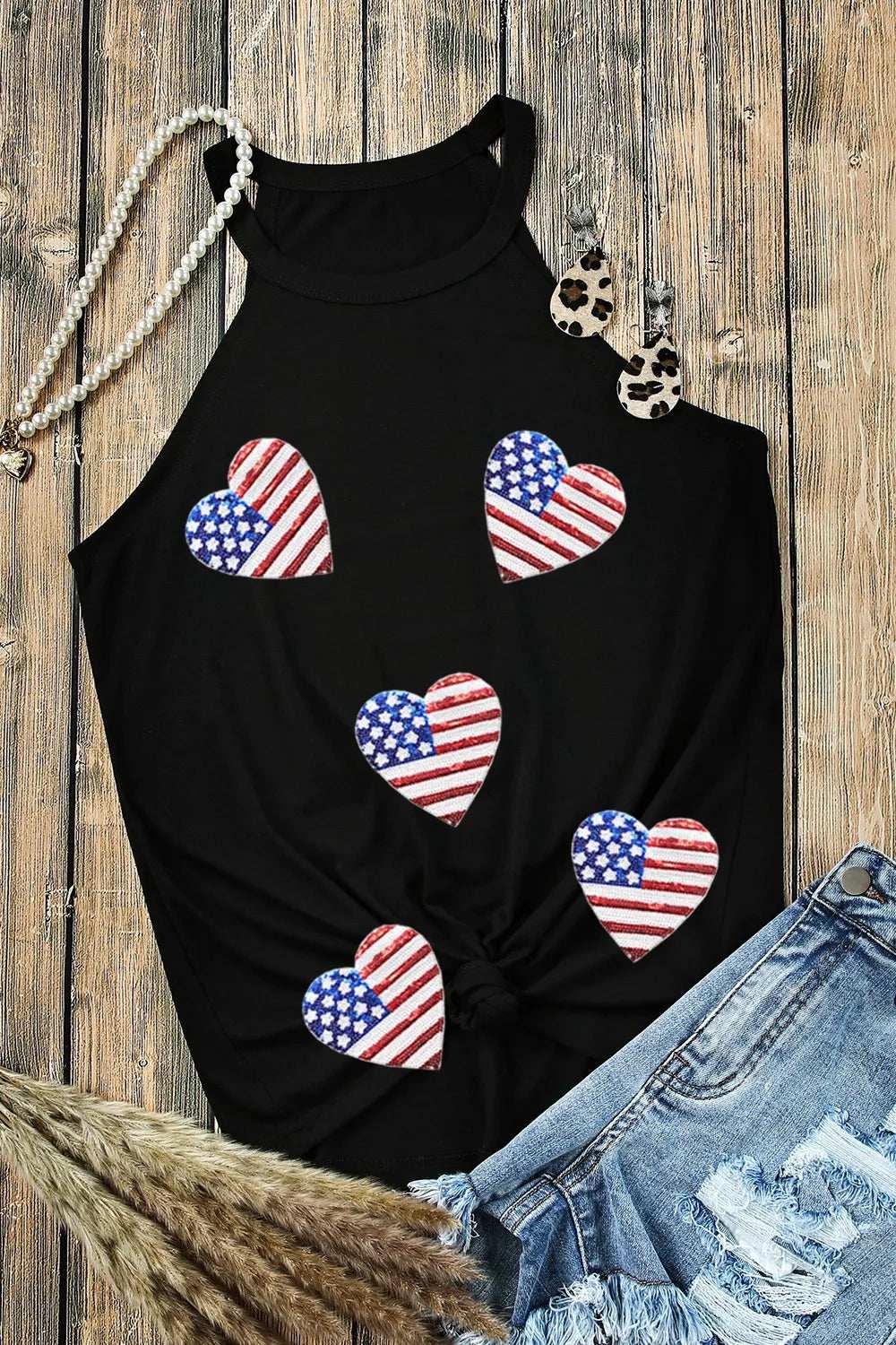 Heart US Flag Round Neck Grecian Neck Tank - Trendsi - Flyclothing LLC