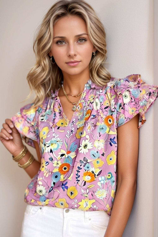Printed Notched Double Layered Ruffle Sleeve Blouse - Trendsi - Flyclothing LLC