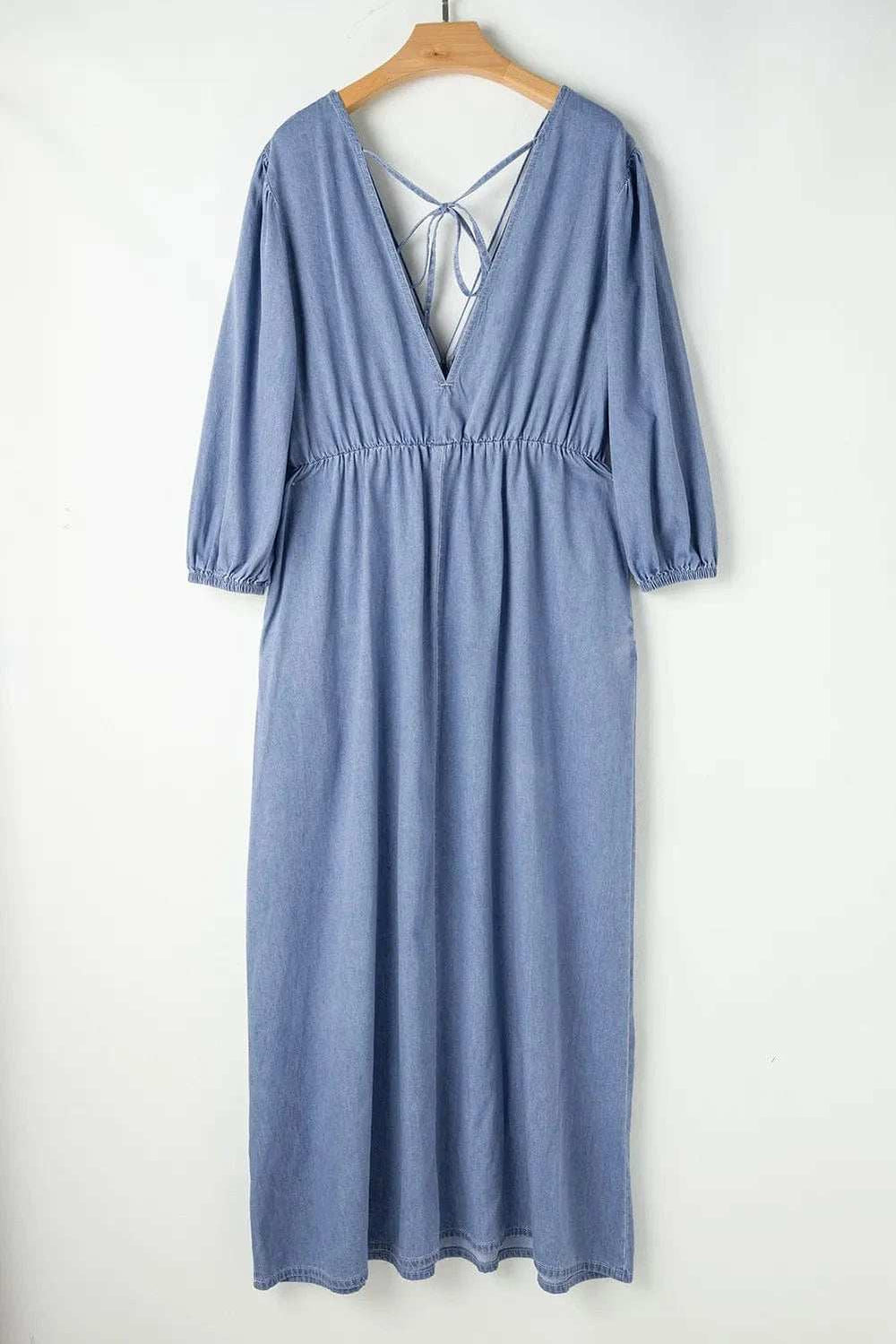 Tied Plunge Three-Quarter Sleeve Denim Dress - Trendsi - Flyclothing LLC