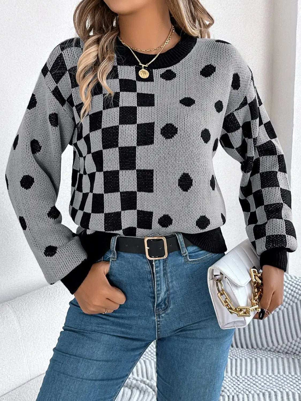 Plaid Round Neck Long Sleeve Sweater - Trendsi - Flyclothing LLC