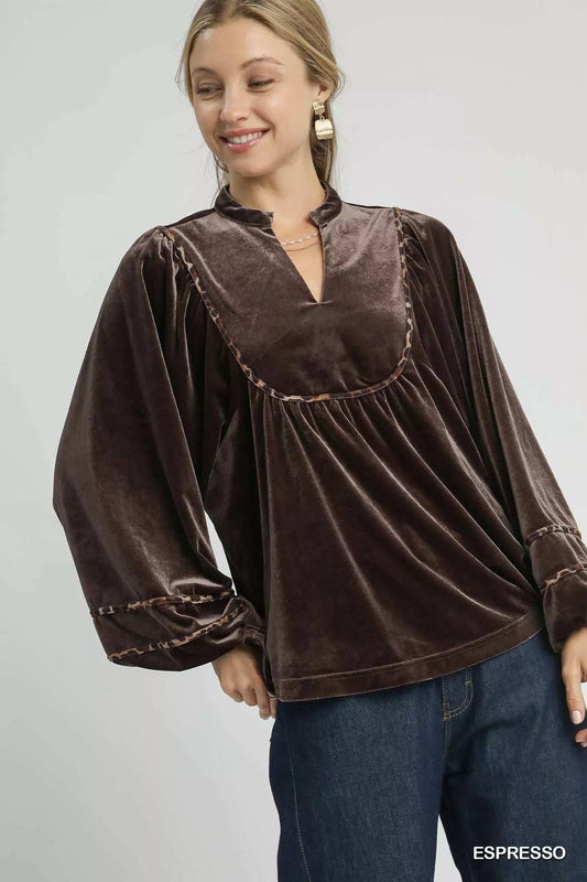 Umgee Velvet Long Sleeve Blouse with Contrast Trim - Trendsi - Flyclothing LLC