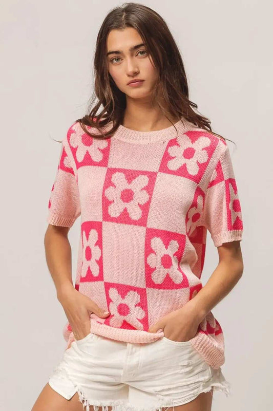 BiBi Flower Checker Pattern Short Sleeve Sweater - Trendsi - Flyclothing LLC
