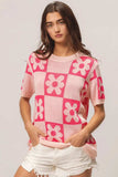 BiBi Flower Checker Pattern Short Sleeve Sweater - Trendsi - Flyclothing LLC