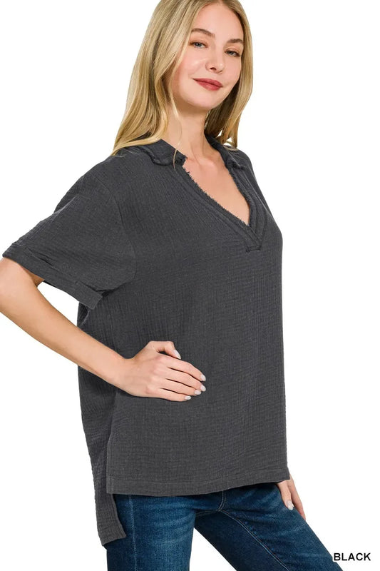 Zenana Double Gauze Short Sleeve High-Low Top - Trendsi - Flyclothing LLC