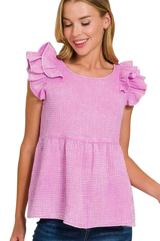 Zenana Double Gauze Acid Washed Tiered Ruffle Peplum Top - Trendsi - Flyclothing LLC