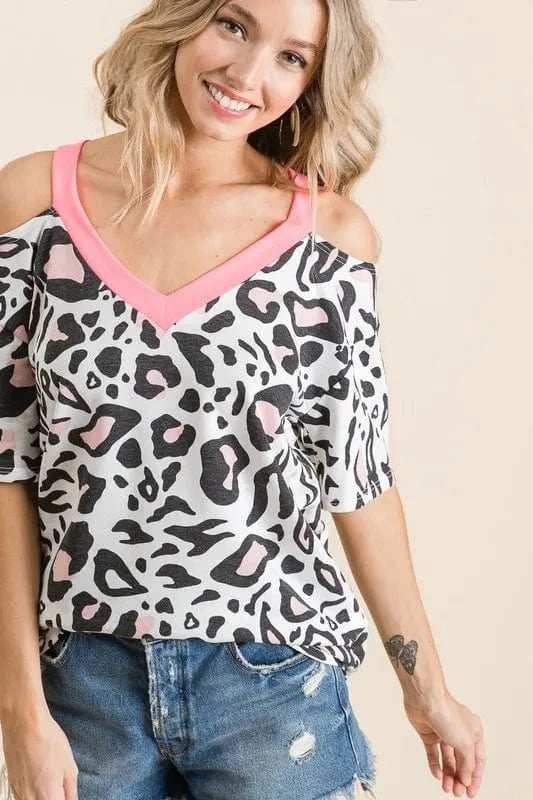BiBi Leopard Print Top with Shoulder Cut Out - Trendsi - Flyclothing LLC