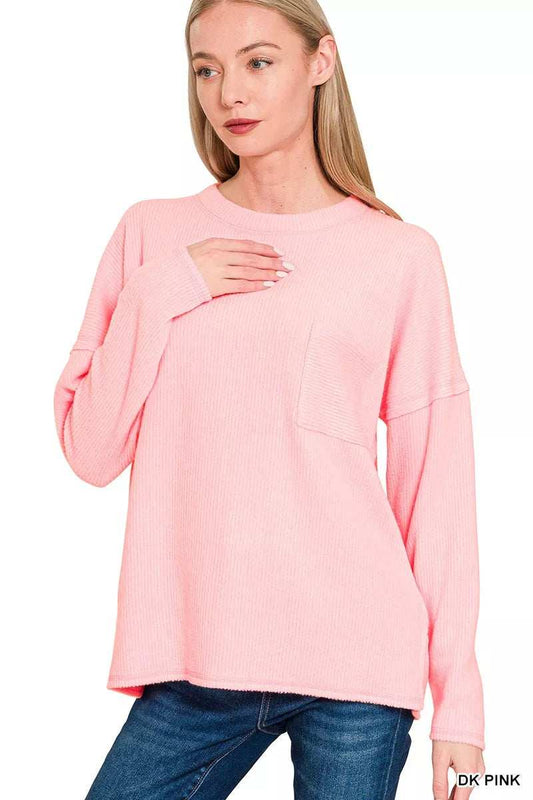 Zenana Ribbed Brushed Melange Hacci Sweater with Chest Pocket - Trendsi - Flyclothing LLC