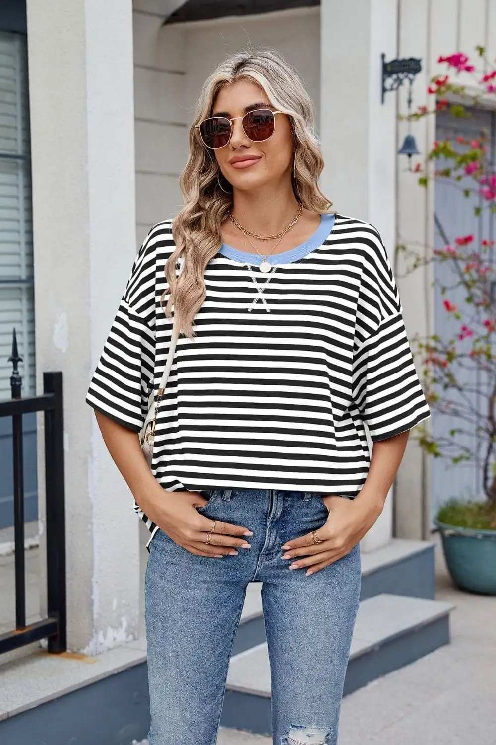 Contrast Striped Round Neck Half Sleeve T-Shirt - Trendsi - Flyclothing LLC