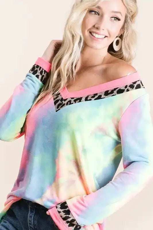 BiBi Tie Dye Terry V-Neck Top - Trendsi - Flyclothing LLC