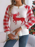 Reindeer Plaid Round Neck Long Sleeve Sweater - Trendsi - Flyclothing LLC
