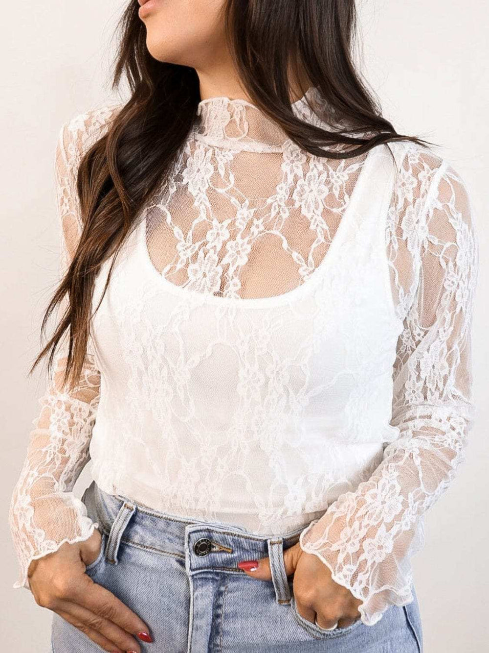 Lace Mock Neck Long Sleeve Top - Trendsi - Flyclothing LLC