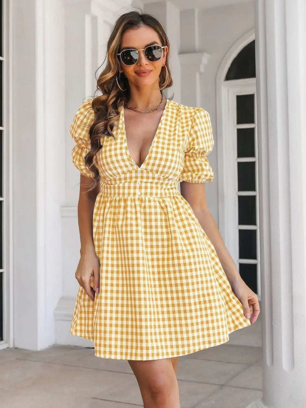 Decorative Button Plaid Short Sleeve Dress - Trendsi - Flyclothing LLC