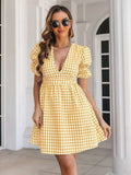 Decorative Button Plaid Short Sleeve Dress - Trendsi - Flyclothing LLC