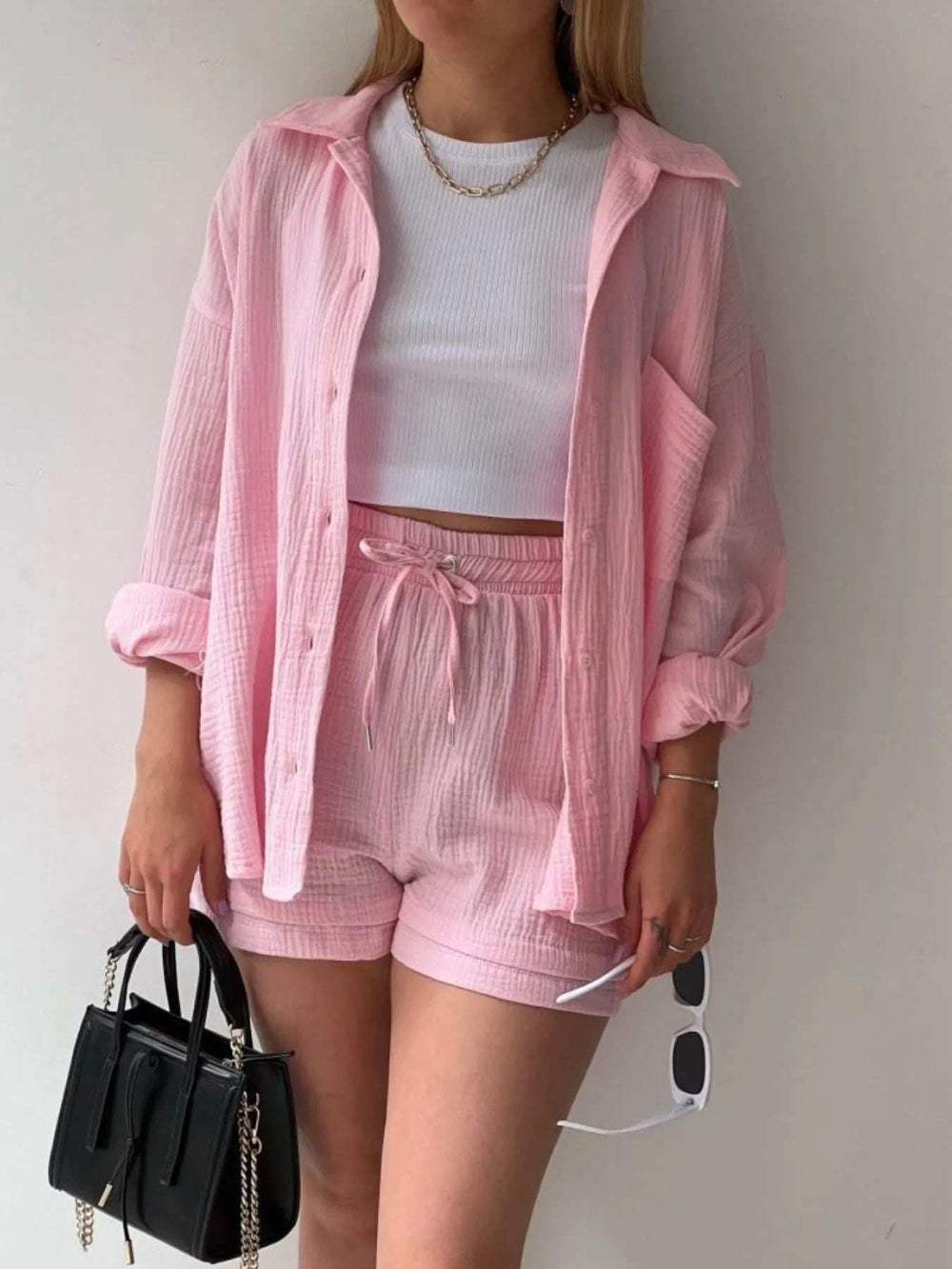 Textured Button Up Shirt and Shorts Set - Trendsi - Flyclothing LLC