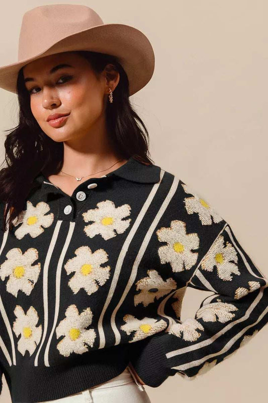 SO ME Floral Stripe Polo Collar Sweater - Trendsi - Flyclothing LLC