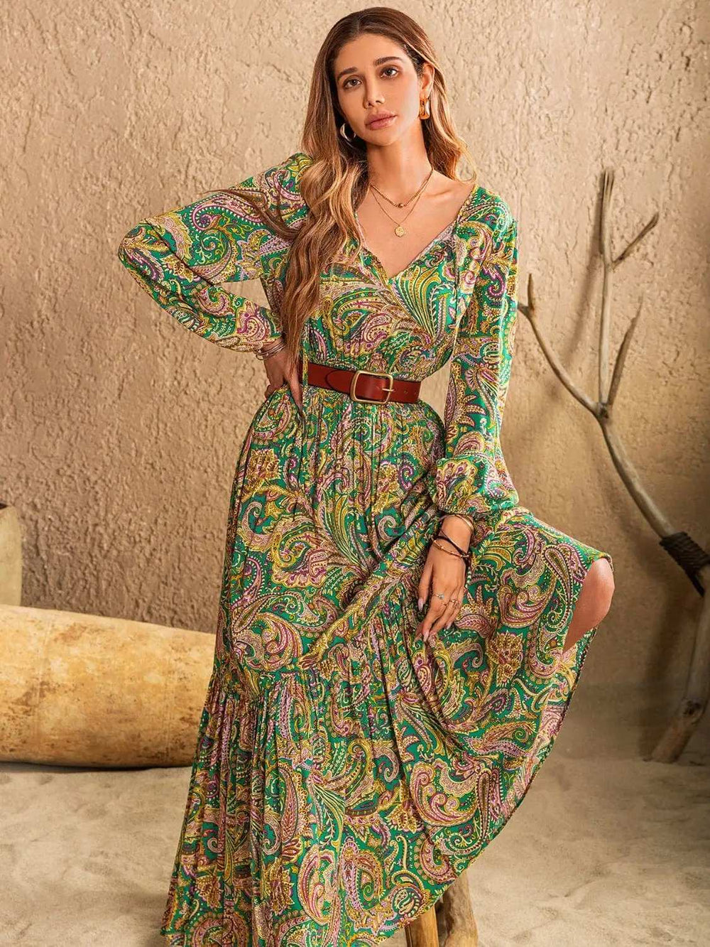 Printed Tie Neck Long Sleeve Dress - Trendsi - Flyclothing LLC