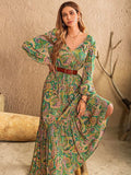 Printed Tie Neck Long Sleeve Dress - Trendsi - Flyclothing LLC