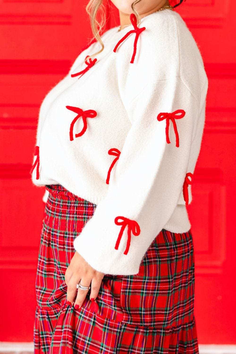 Bow Trim Round Neck Long Sleeve Sweater - Trendsi - Flyclothing LLC