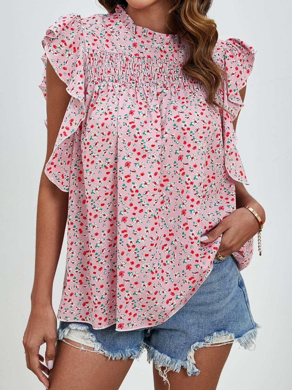 Ruffled Ditsy Floral Mock Neck Cap Sleeve Blouse - Trendsi - Flyclothing LLC