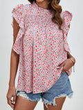 Ruffled Ditsy Floral Mock Neck Cap Sleeve Blouse - Trendsi - Flyclothing LLC
