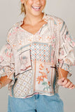 Ruffled Printed Tie Neck Three-Quarter Sleeve Blouse - Trendsi - Flyclothing LLC