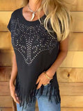 Studded Fringe Round Neck Cap Sleeve T-Shirt - Trendsi - Flyclothing LLC