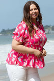 Plus Size Ruffled Printed Notched Short Sleeve Blouse - Trendsi - Flyclothing LLC